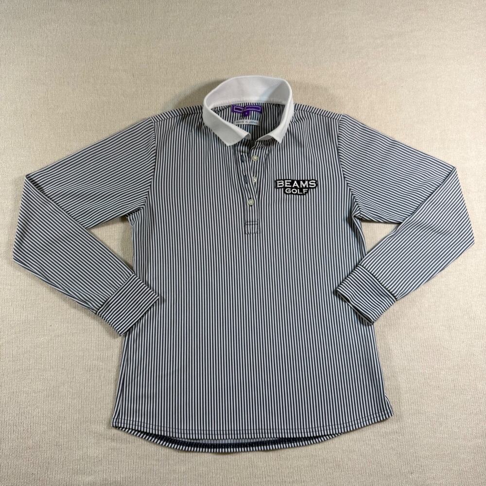 BEAMS GOLF Long Sleeve Polo Shirt Womens Size S Striped Made In Japan Blue White